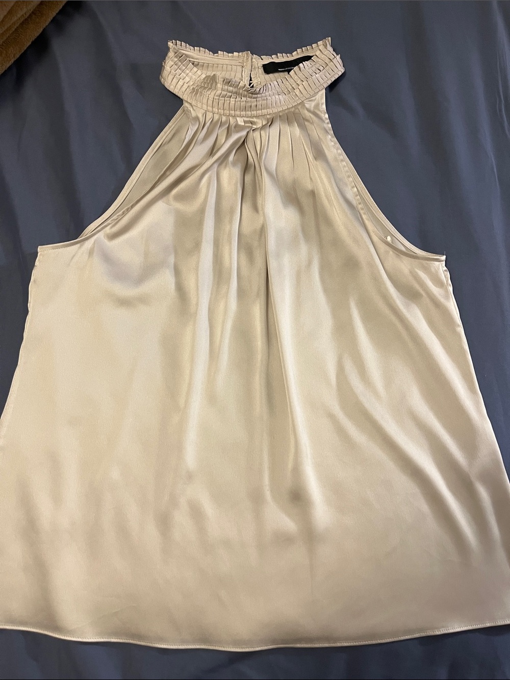 White House Black Market Cream High-Neck Pleated Silk-Look Tank